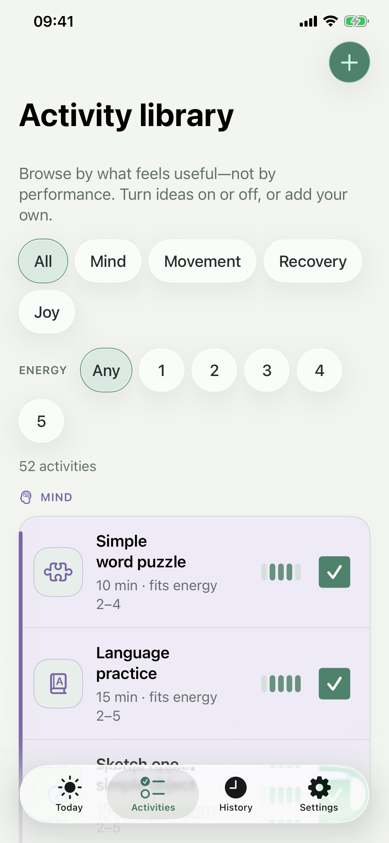 Soft Pace activity library with mind, movement, recovery, and joy categories