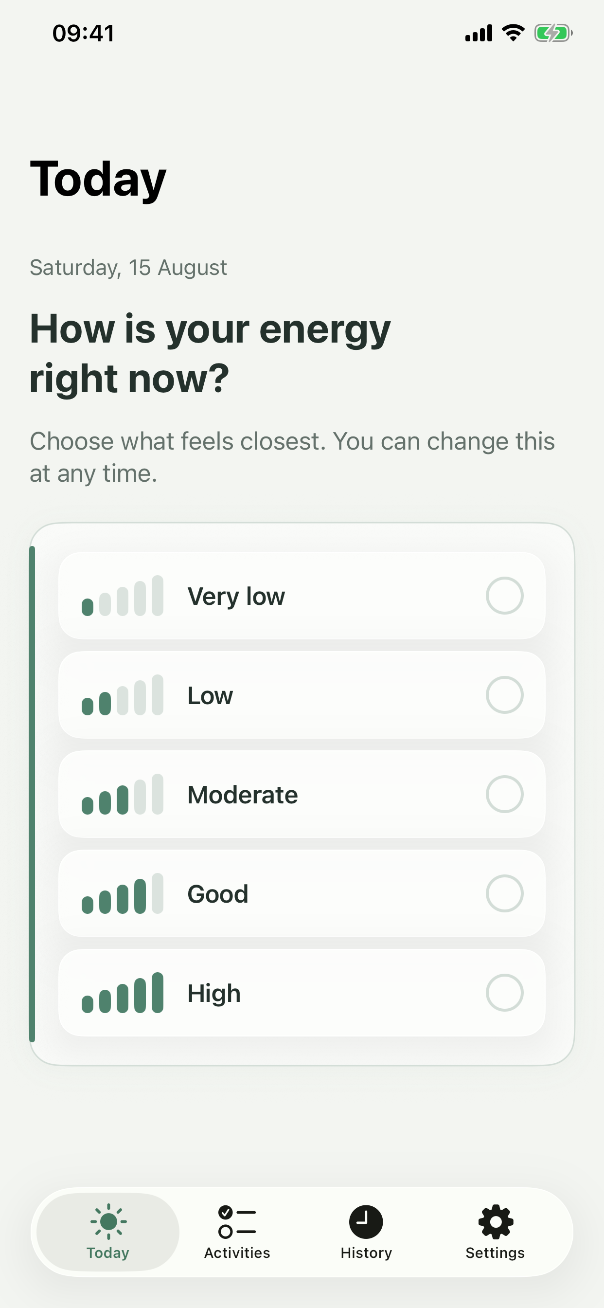 Soft Pace energy check-in screen