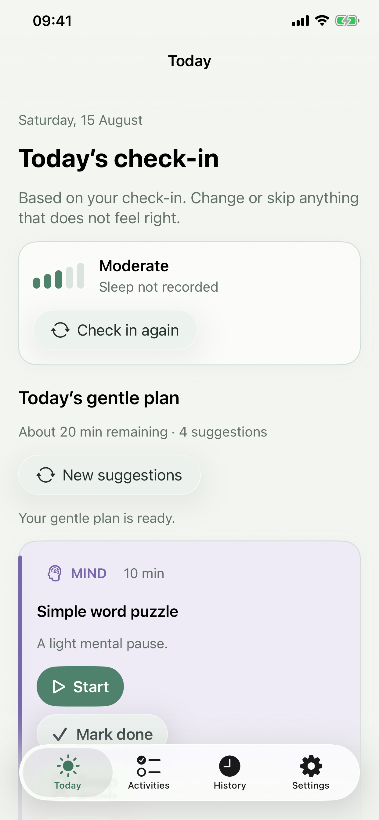 Soft Pace gentle plan screen