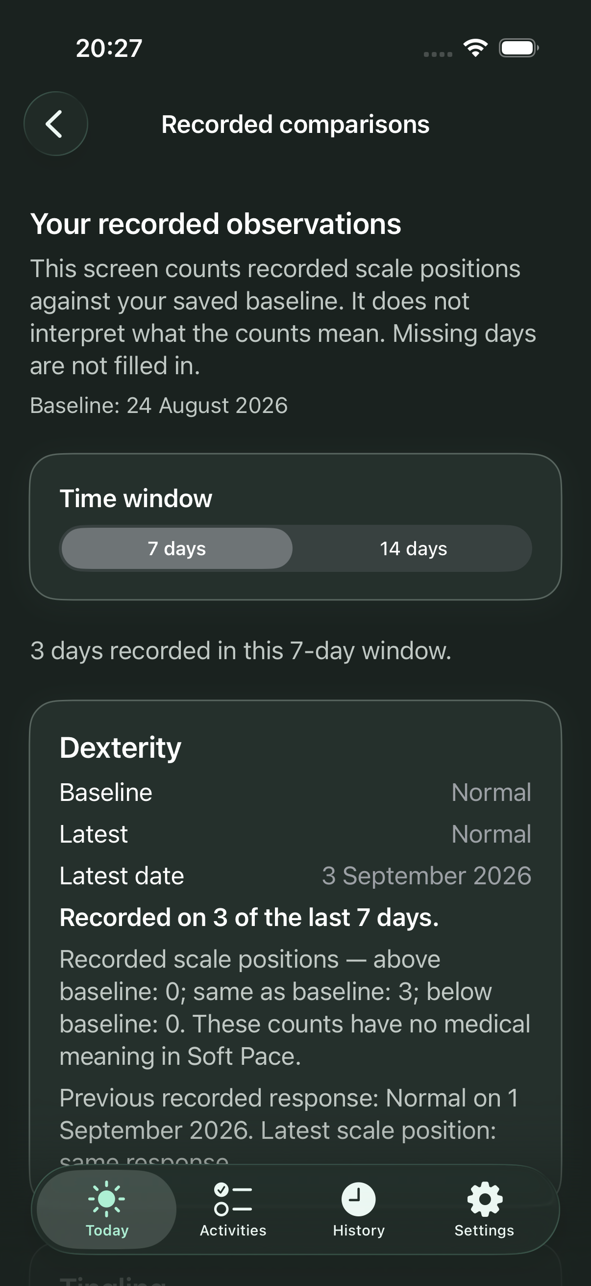 Recorded comparisons showing factual seven-day counts against a saved baseline