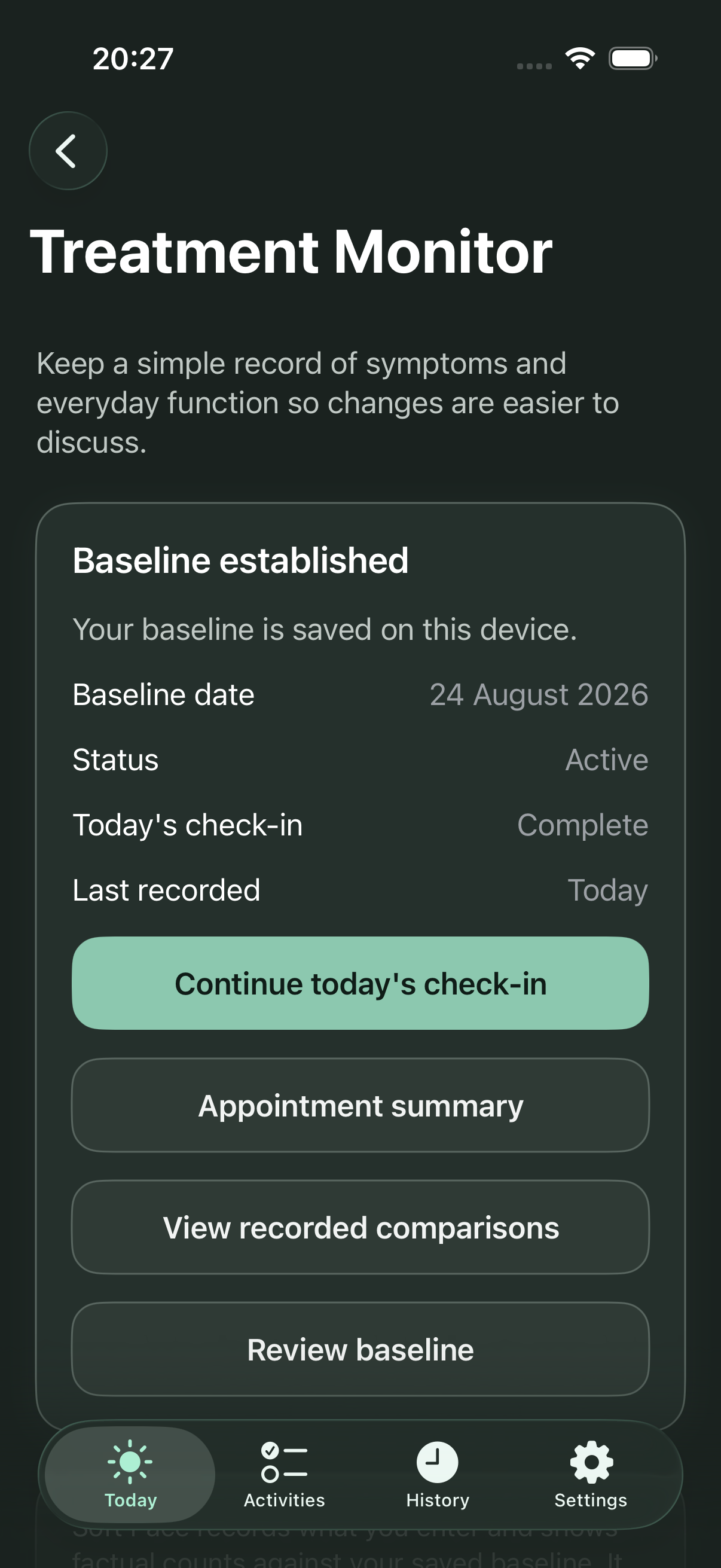 Treatment Monitor overview showing an established personal baseline and today's completed check-in