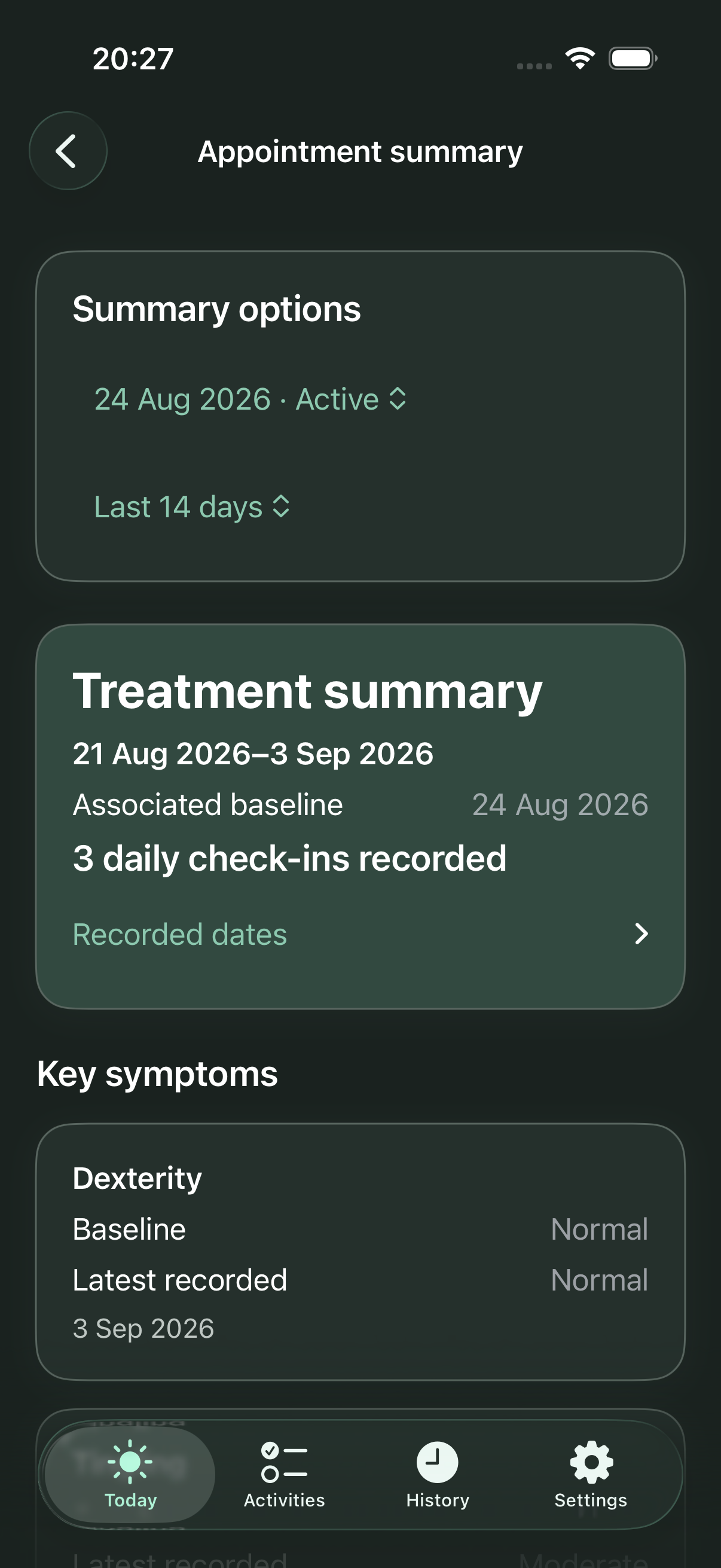 Appointment summary showing recorded dates and individual Treatment observations